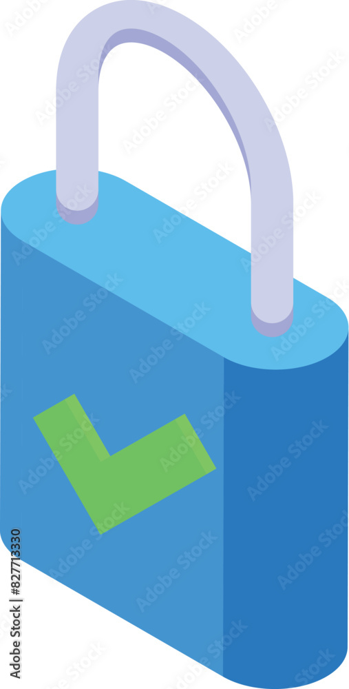 Colorful isometric illustration of a padlock with a green check mark, symbolizing security and access granted Colorful isometric illustration of a padlock with a green check mark, symbolizing security and access granted