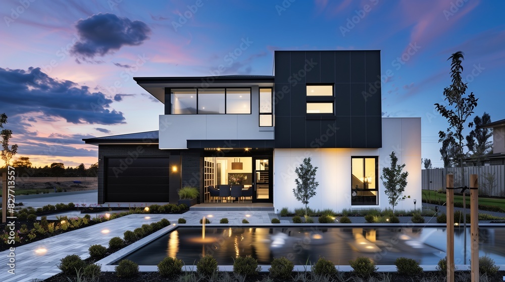 A modern suburban house with a striking facade of black and white materials, captured at dusk with the sky in deep blues and purples, 