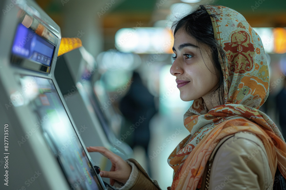 young indian woman using the self check-in machine at the airport