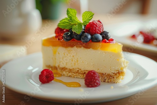 Slice of cheesecake with fresh berries and mint on a white plate, representing delicious dessert options