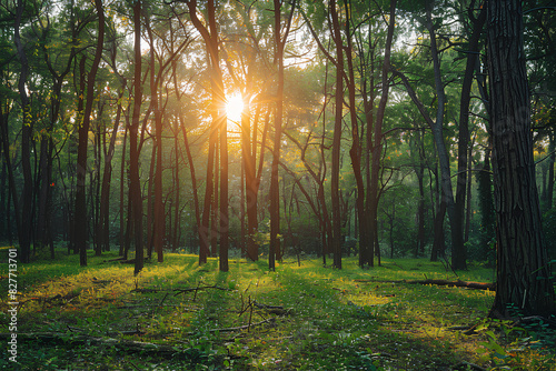 sun light in green woods landscape