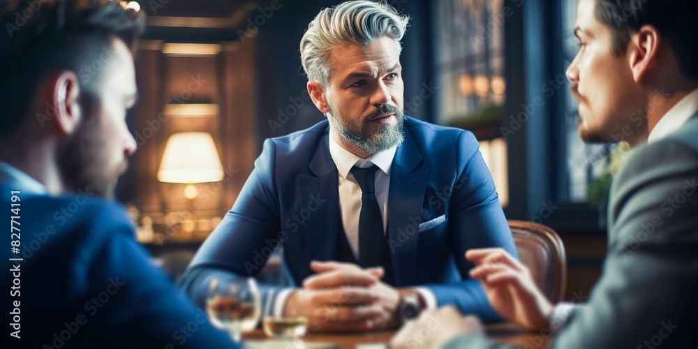 Illustration of mature handsome senior businessman while business meeting with colleagues in restaurant indoor background. Ceo of company sitting at the table. Illustration of mature handsome senior businessman while business meeting with colleagues in restaurant indoor background. Ceo of company sitting at the table.