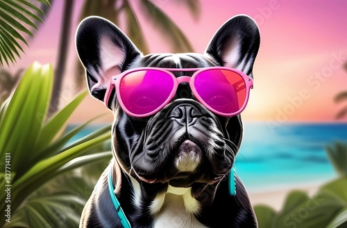 French bulldog wearing sunglasses against tropical background. Summer vacation. Travel.