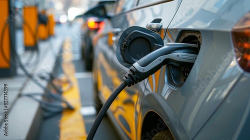 A closeup of a charging port on an electric car with the charging station in the background. photo