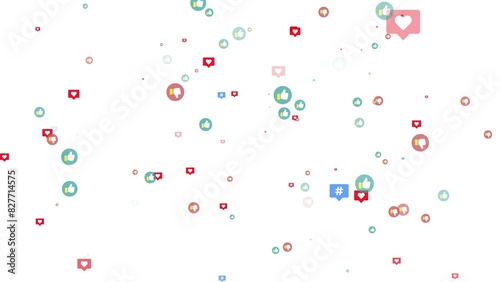 Thumbs up, thumbs down, hashtag, and heart icons swirling on white background. SNS, reflecting influencer popularity, likes, dislikes, trends, and social interaction concept. 4K motion graphics