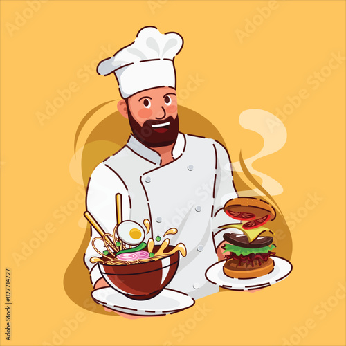 Chefs in restaurant kitchen cooking. Cute cooks in uniform preparing food in dining or hotel. Smile Kitchener making burger pasta sauce, BBQ, Asian noodles