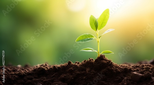 The sprout of the young tree grows on rich soil  with a green background and sunlight shining in spring.  