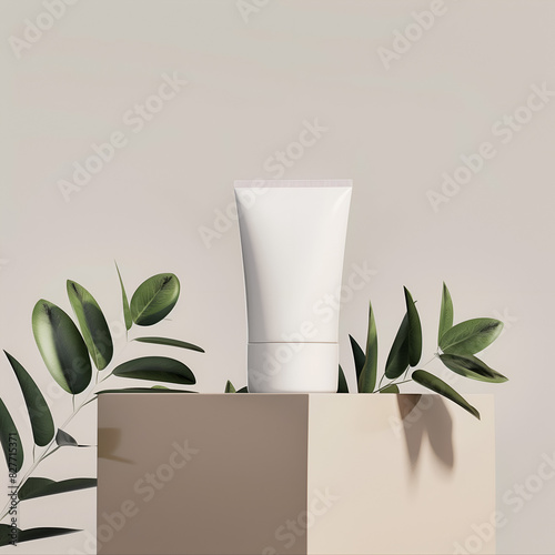 Chic Cosmetic Tube Surrounded by Green Leaves
