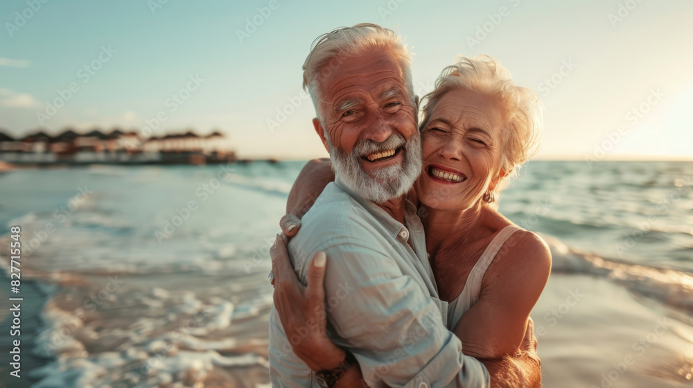 Loving senior couple sharing a hug and smiling on a sandy beach at sunset
