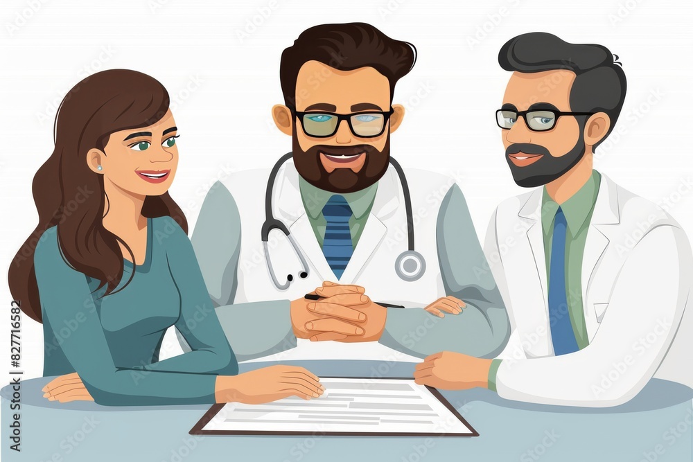 Cartoon illustration of doctors consulting with a patient, emphasizing teamwork and collaboration in healthcare Cartoon illustration of doctors consulting with a patient, emphasizing teamwork and collaboration in healthcare