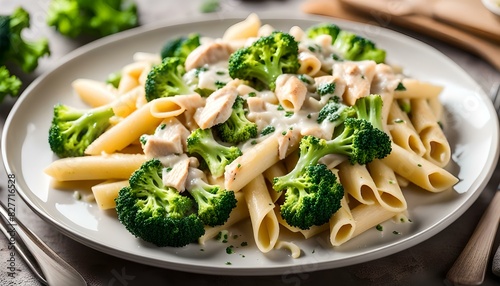 Homemade Penne Alfredo Pasta with Chicken and Broccoli on a Plate, side view. Close-up. 