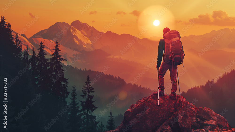 Mountain Man with backpack hiking in the mountains at sunset
