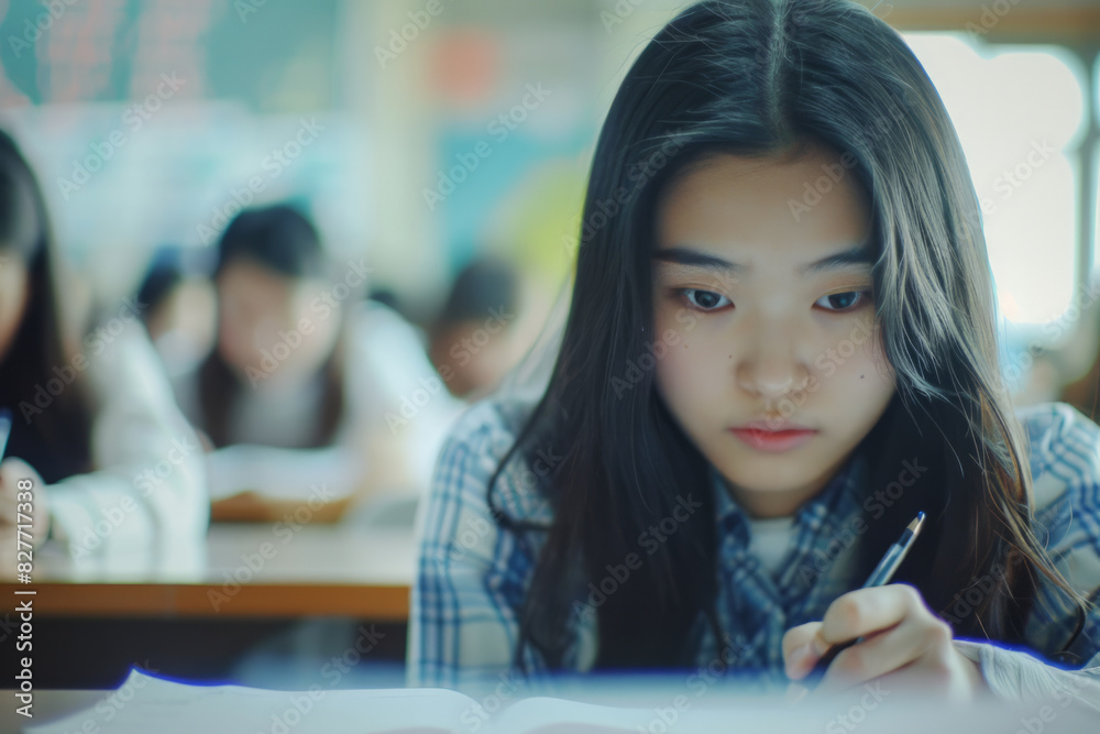 A female student taking an exam in a school A female student taking an exam in a school