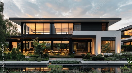 A sleek suburban house with a striking black and white facade, featuring large, reflective windows and a flat roof, surrounded by a lush © Khuram