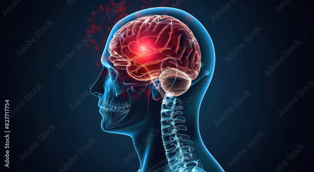 X ray of the head and neck with pain on a black background. X ray of the head and neck with pain on a black background.
