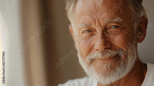 Portrait of a cheerful elderly man smiling gently, with soft light from a window