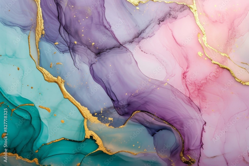 Fototapeta premium Abstract watercolor liquid fluid paint, pastel, purple, pink color and golden lines marbled background, AI generated