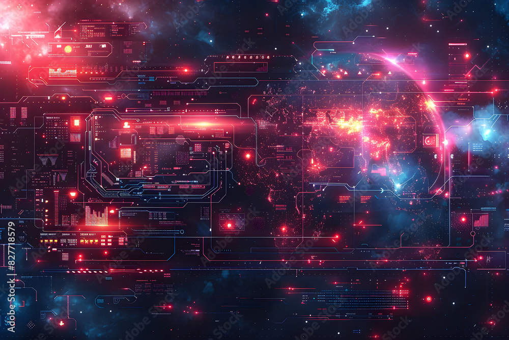 Background with technological digital data interface elements - schematics, chains, and numbers. The color palette with cool shades of blue, purple, green and gray, modern and technological look Background with technological digital data interface elements - schematics, chains, and numbers. The color palette with cool shades of blue, purple, green and gray, modern and technological look