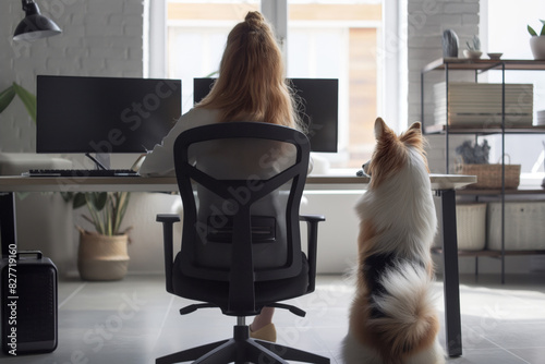 A woman sits on an office chair with her dog next to her, both of them looking lovingly at each other. Modern work-from-home environments and the mix of professional and private life. Generative AI. photo