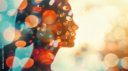A double exposure image of a woman's silhouette combined with vibrant, abstract bokeh lights, representing creativity and imagination.