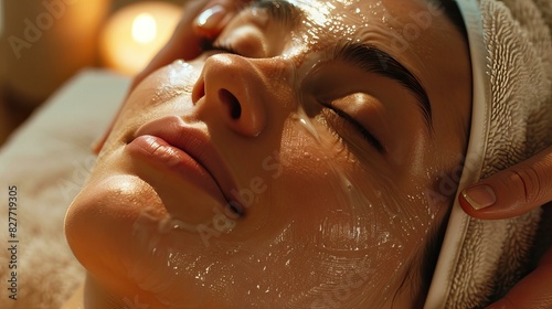 A close-up of a woman enjoying a rejuvenating facial treatment at a spa, highlighting the soothing and revitalizing experience of skincare