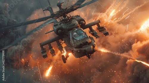 Close-Up of Military Combat Helicopter Releasing Missiles or Firing in the Sky During Armed Conflict, Showcasing Advanced Aerial Warfare Technology 