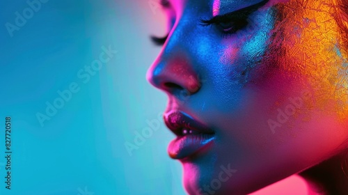 Colorful neon portrait of woman with dramatic makeup, side profile, glowing lights reflecting on skin, modern fashion photography.