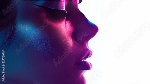 A profile view of a woman with neon lights highlighting her face  creating a futuristic and artistic effect.