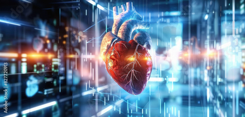 a digital hologram of an anatomical heart floating in front of a futuristic medical background