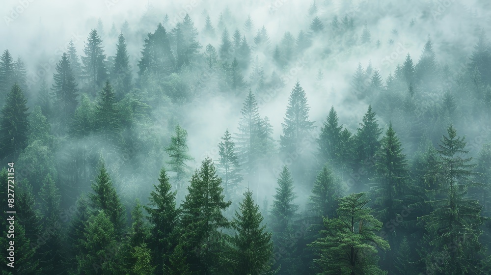 Serene Foggy Forest with Towering Pine Trees Background Serene Foggy Forest with Towering Pine Trees Background