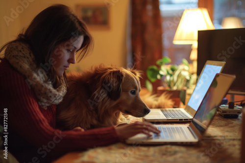 A woman is sitting on a couch in her living room, using a laptop with a dog sitting beside her. The cozy scene portrays a sense of companionship and comfort between the woman and dog. Generative AI. photo