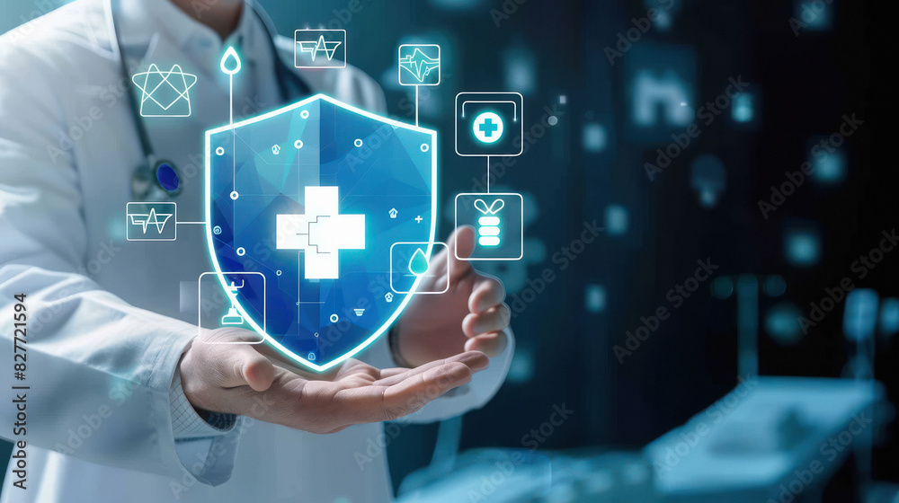 a doctor's hand holding a digital shield symbolizing protection and security in medical care a doctor's hand holding a digital shield symbolizing protection and security in medical care