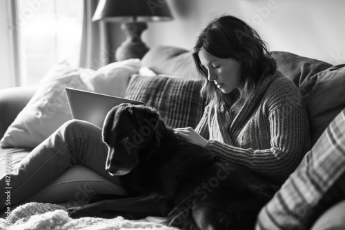 A woman working on a laptop under a lamp, seated on a cozy couch with her dog. Ideal for themes of remote work, home comfort, and pet companionship. Generative AI photo