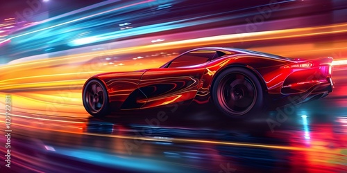 Neonlit red sports car speeds on a vibrant highway at night. Concept Sports Cars, Neon Lights, Nighttime Driving, Speeding, Vibrant Highway