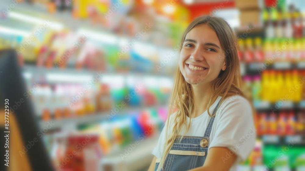 Young Cashier Smiling in Supermarket with Bright Aisles.