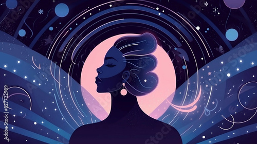 meditating cosmic galaxy woman in a colorful book illustration as a concept of enlightenment and the spiritual way 
