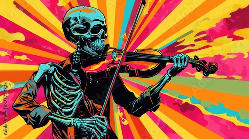 Colorful Pop Art Comic Style Poster Featuring a Skeleton Playing the Violin Against a Vibrant and Dynamic Retro Background 