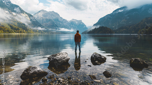 Man contemplating nature by a serene lake. Tranquil scene of a man finding peace and solitude amidst stunning mountain and lake reflections. Perfect for travel, nature, and mindfulness themes. © kosarit