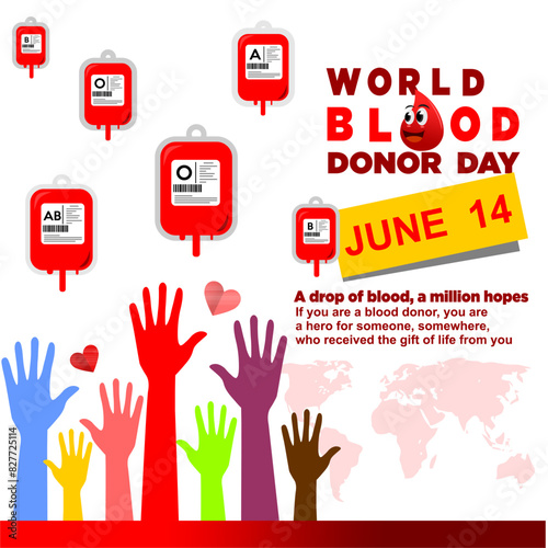 blood donation illustration concept with blood bag, hand, love and blood symbol for celebrate world blood donor day	