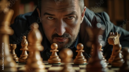 The picture of the chess player focus on the chess board game and thinking the next move on the board, the chess game require strategic planning skill, calculation ability and time management. AIG43.