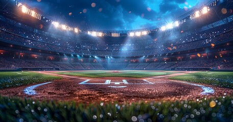 empty baseball pitch stadium. illuminated with light.