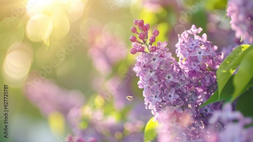 A sweetscented garden of lilacs their fragrant blooms drawing in bees by the dozen. photo