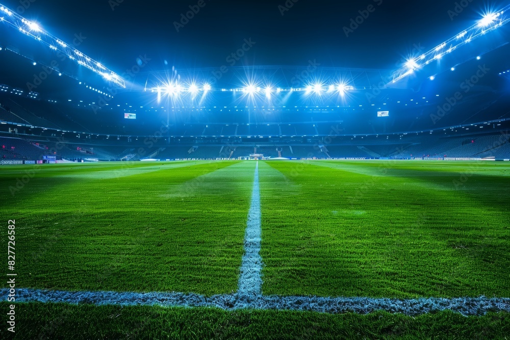 Majestic large football stadium with lights illuminated. empty pitch. Majestic large football stadium with lights illuminated. empty pitch.
