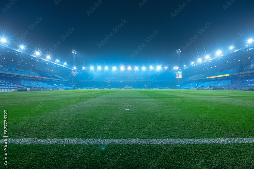 Majestic large football stadium with lights illuminated. empty pitch. Majestic large football stadium with lights illuminated. empty pitch.