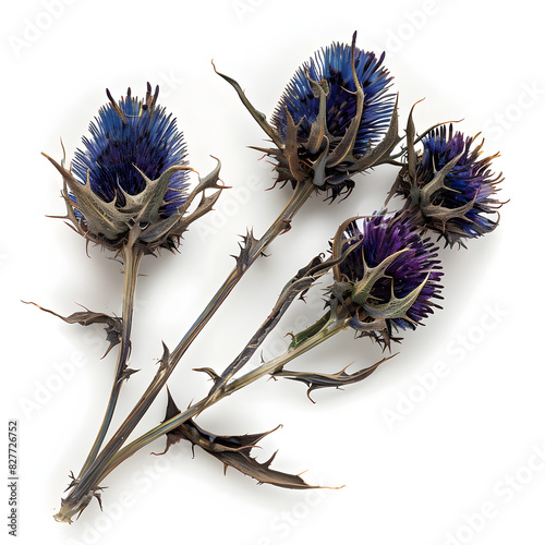 Dried blue thistle flower design element isolated on white background, text area, png
 photo