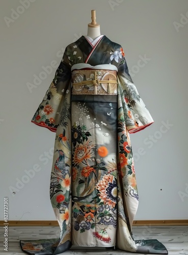 Traditional Japanese Kimono with Floral and Bird Patterns © duyina1990