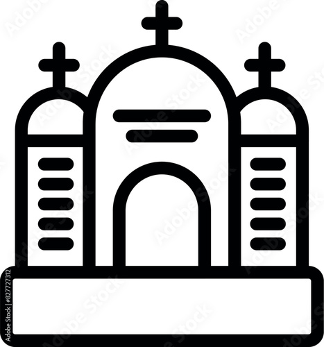 Black and white line drawing of a classic church structure with crosses