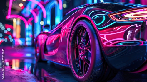 Amidst the neon glow a sleek sports car gleams, embodying modern luxury and high-performance design. copy space for text.
