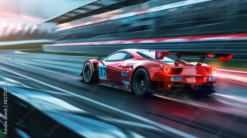 Super car racing on the circuit track while driving at high speed and accelerating at full power. copy space for text. Super car racing on the circuit track while driving at high speed and accelerating at full power. copy space for text.