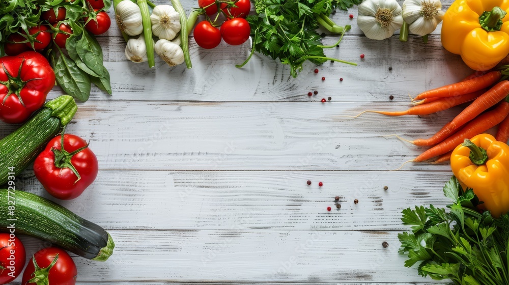 Assorted Fresh Vegetables Spread on White Wooden Table. Generative AI Assorted Fresh Vegetables Spread on White Wooden Table. Generative AI